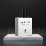 Alpine Homme Sport bottle on marble podium with golden sparkle
